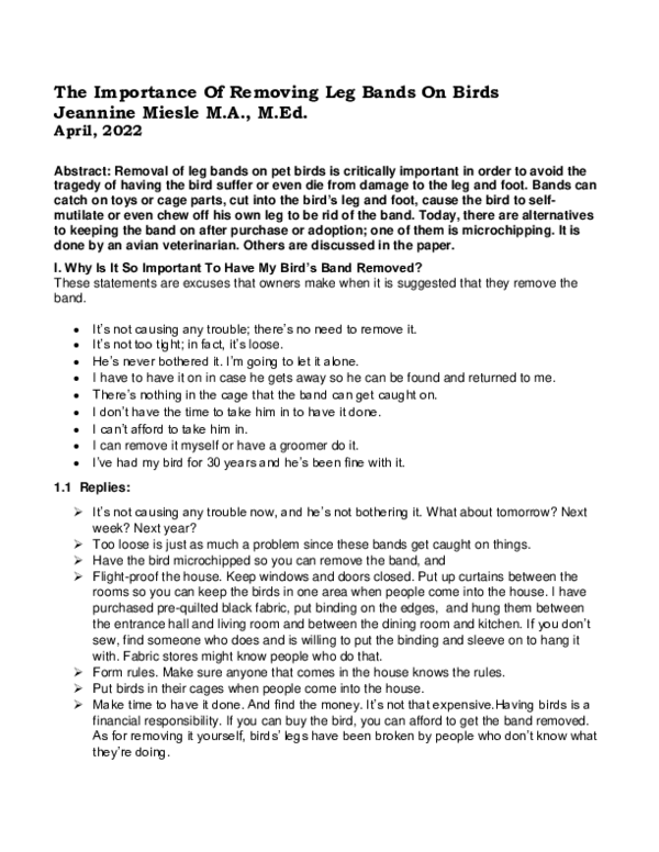 (PDF) The Importance Of Removing Leg Bands On Birds Jeannine Miesle
