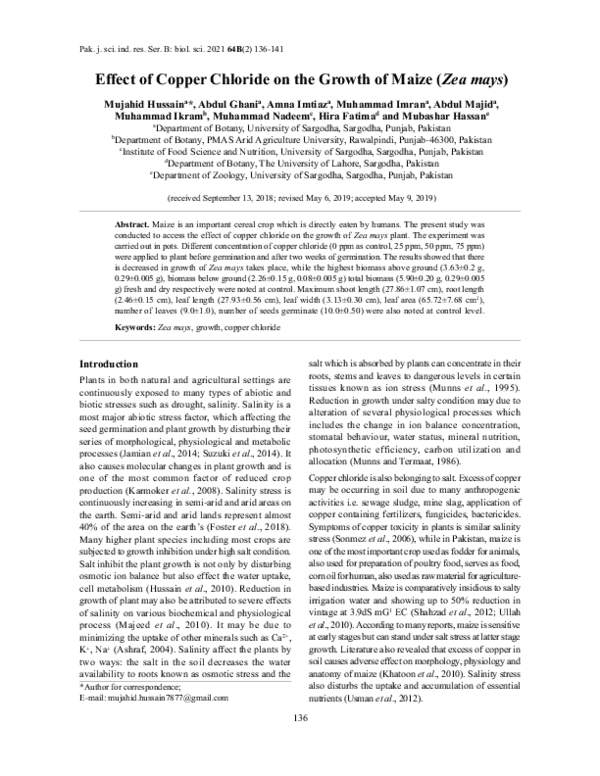 (PDF) Effect of Copper Chloride on the Growth of Maize (Zea mays