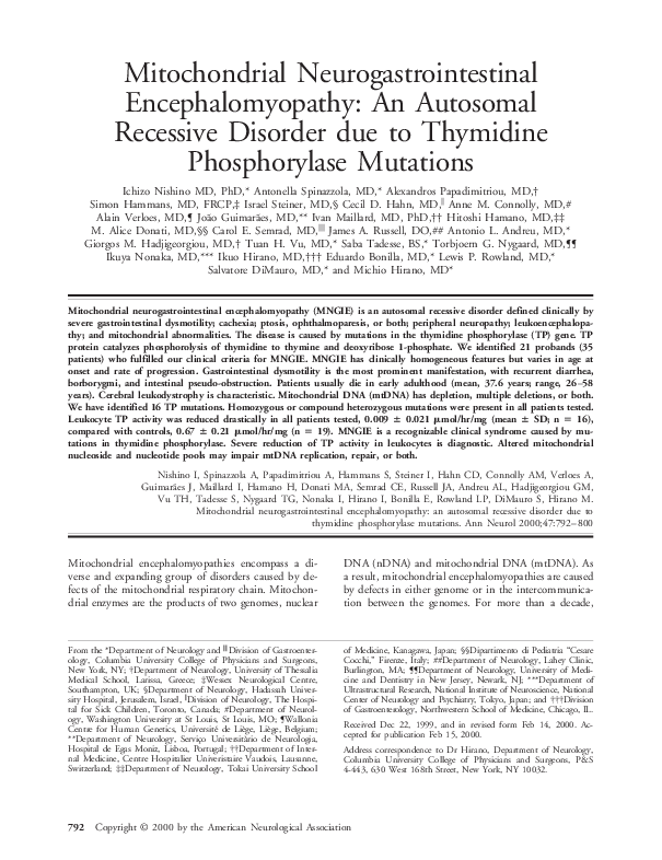 (PDF) Mitochondrial neurogastrointestinal encephalomyopathy: an ...