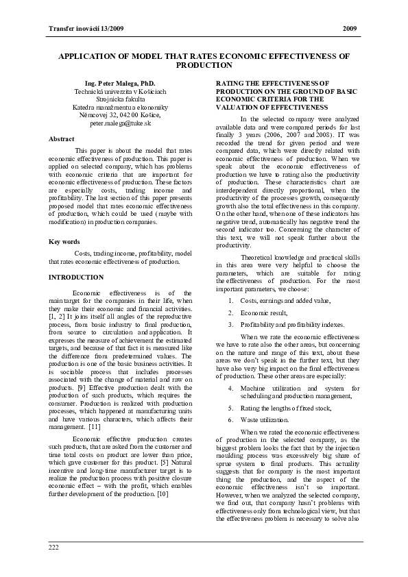 (PDF) Application of Model That Rates Economic Effectiveness of Production