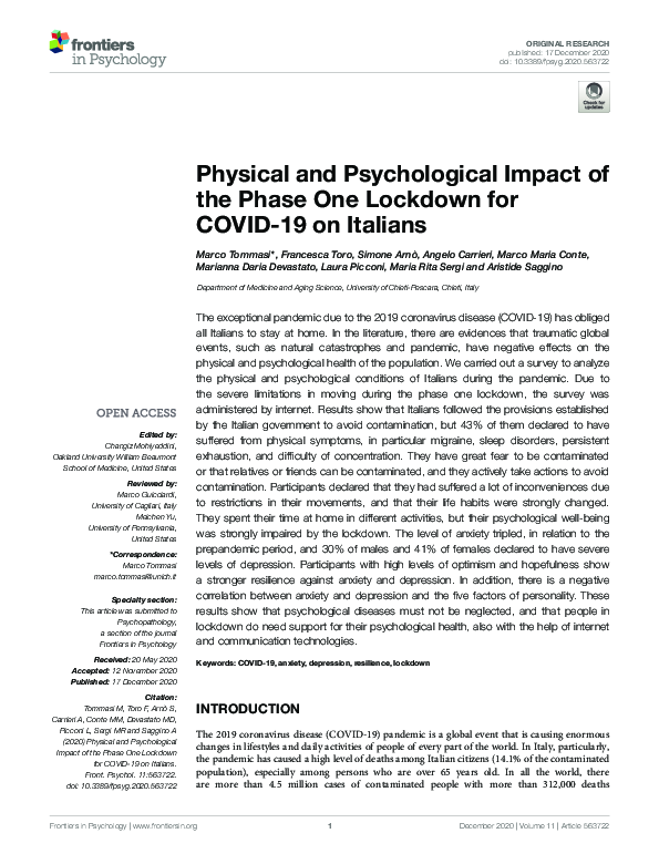 (PDF) Physical and Psychological Impact of the Phase One Lockdown for ...