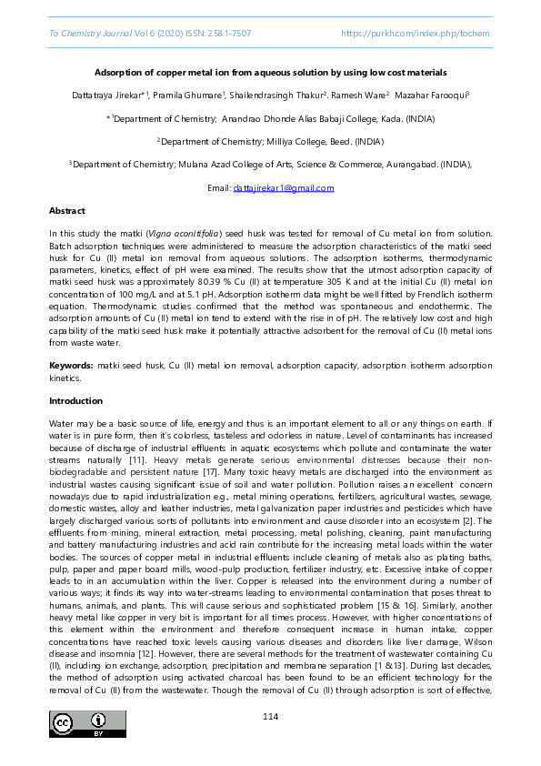 (PDF) Adsorption of copper metal ion from aqueous solution by using low ...