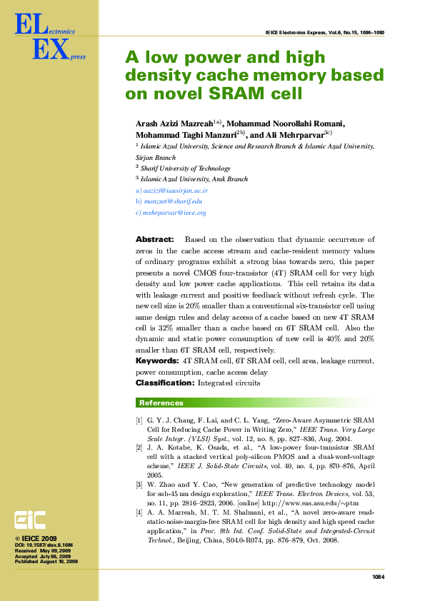 (PDF) A low power and high density cache memory based on novel SRAM cell