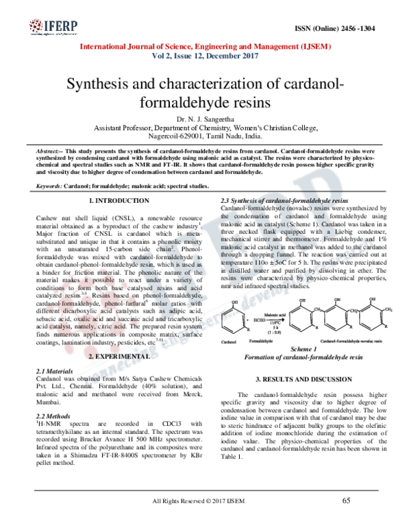 (PDF) Synthesis and characterization of cardanol-formaldehyde resins