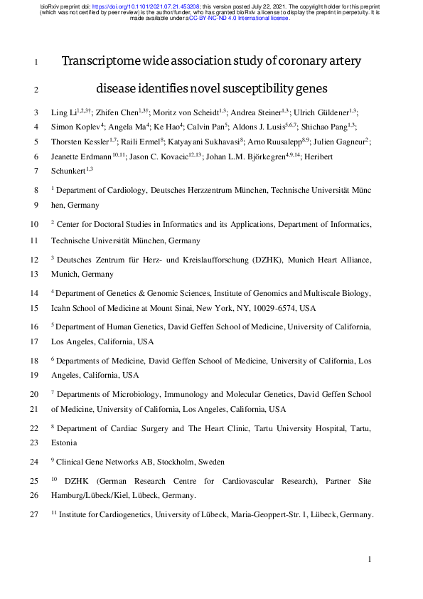 (PDF) Transcriptome wide association study of coronary artery disease ...