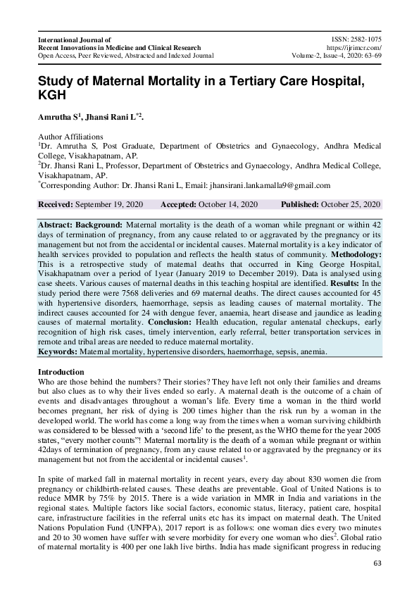 (PDF) Study of Maternal Mortality in a Tertiary Care Hospital, KGH