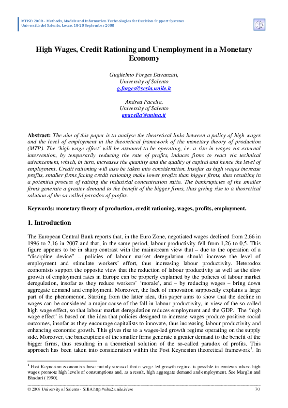 (PDF) High Wages, Credit Rationing and Unemployment in a Monetary Economy