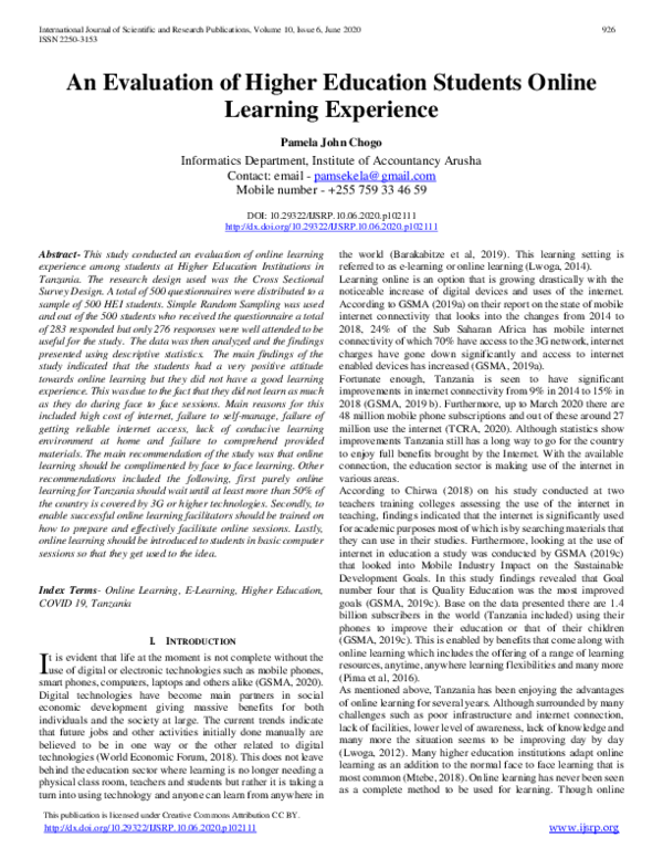 (PDF) An Evaluation of Higher Education Students Online Learning Experience