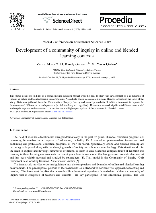 (PDF) Development of a community of inquiry in online and blended ...