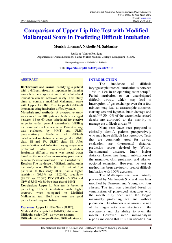 (PDF) Comparison of Upper Lip Bite Test with Modified Mallampati Score