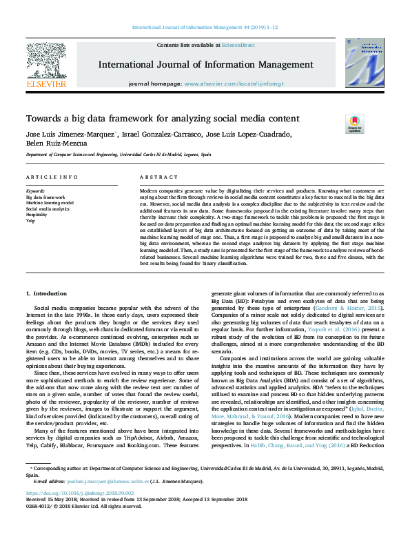 (PDF) Towards a big data framework for analyzing social media content
