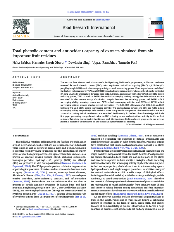 (PDF) Total phenolic content and antioxidant capacity of extracts ...