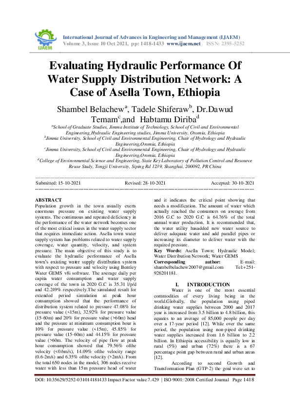 (PDF) Evaluating Hydraulic Performance Of Water Supply Distribution