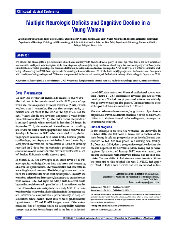 (PDF) Multiple neurologic deficits and cognitive decline in a young woman