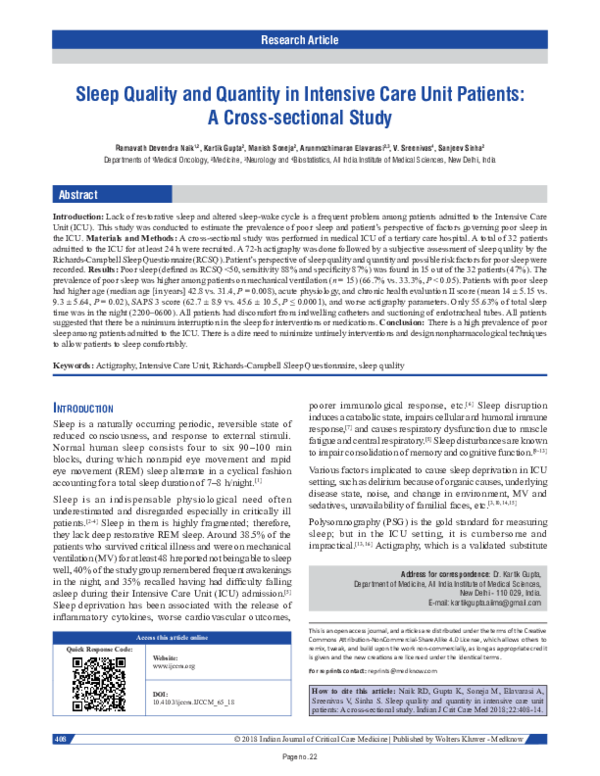 (PDF) Sleep quality and quantity in intensive care unit patients: A ...