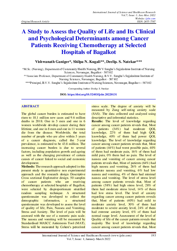 (PDF) A Study to Assess the Quality of Life and Its Clinical and ...