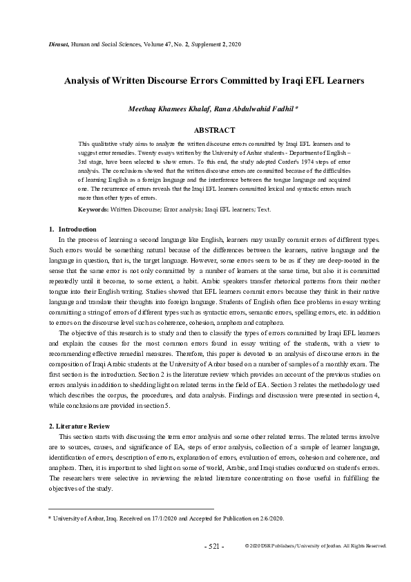 (PDF) Analysis of Written Discourse Errors Committed by Iraqi EFL Learners