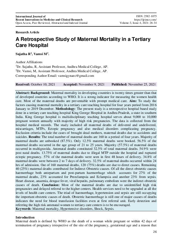(PDF) A Retrospective Study of Maternal Mortality in a Tertiary Care ...