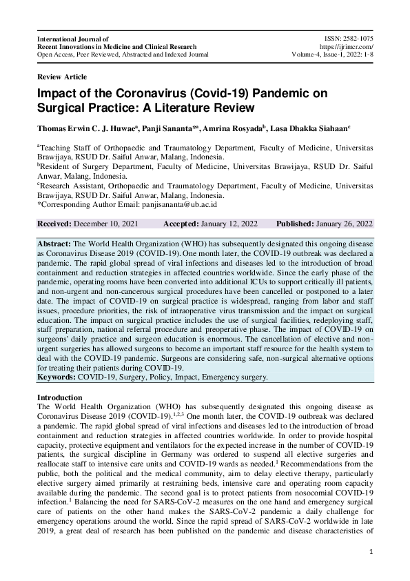 (PDF) Impact of the Coronavirus (Covid-19) Pandemic on Surgical ...