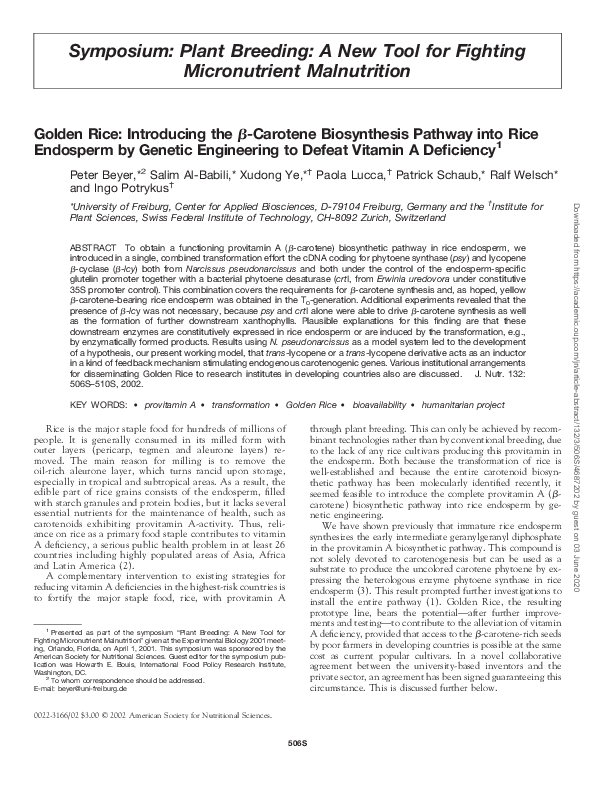 (PDF) Golden Rice: introducing the beta-carotene biosynthesis pathway ...