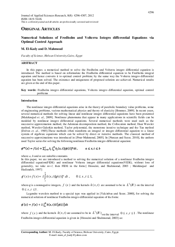 (PDF) ORIGINAL ARTICLES Numerical Solutions of Fredholm and Volterra ...