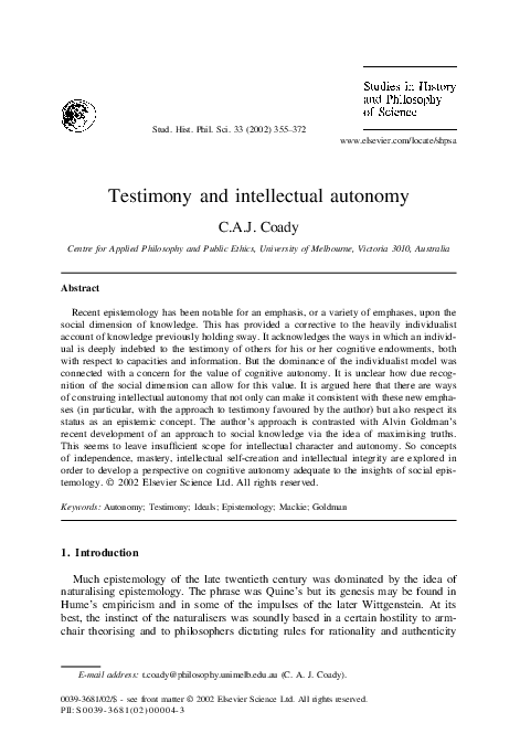 (PDF) Testimony and intellectual autonomy