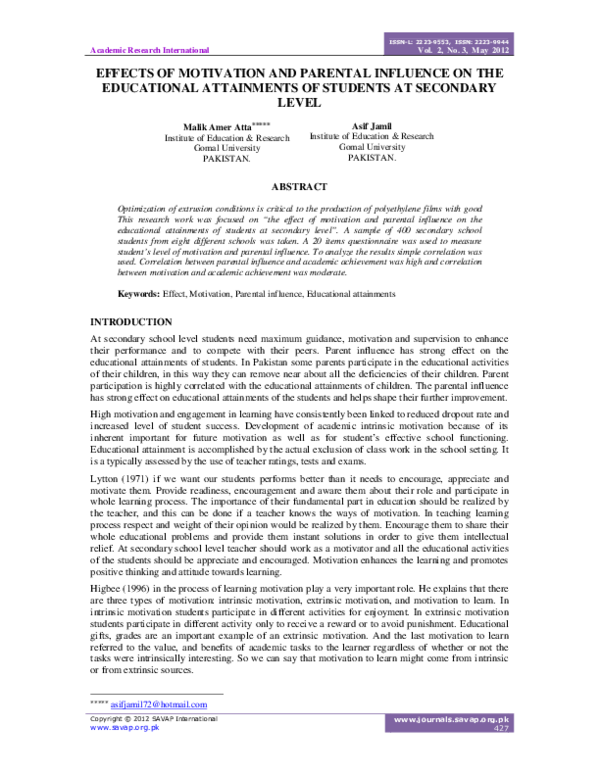 (PDF) Effects of Motivation and Parental Influence on the Educational ...