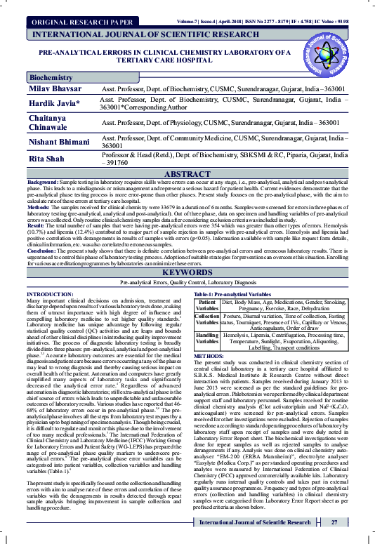 (PDF) Pre-analytical Errors in Clinical Chemistry Laboratory of a ...