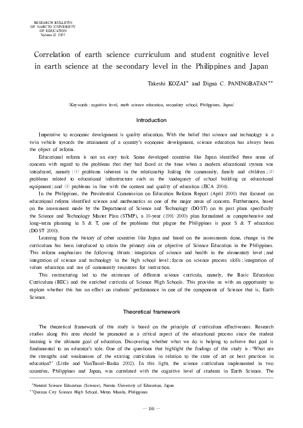 (PDF) Correlation of earth science curriculum and student cognitive