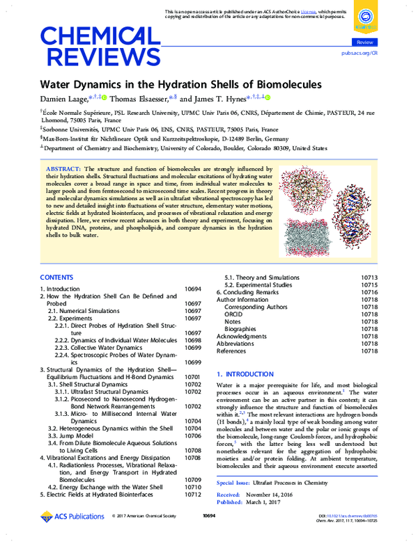 (PDF) Water Dynamics in the Hydration Shells of Biomolecules