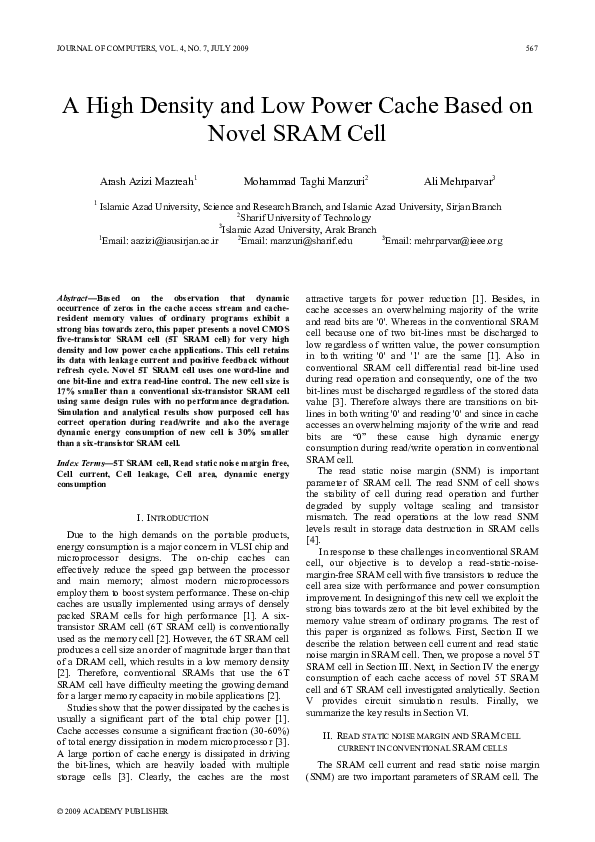 (PDF) A High Density and Low Power Cache Based on Novel SRAM Cell