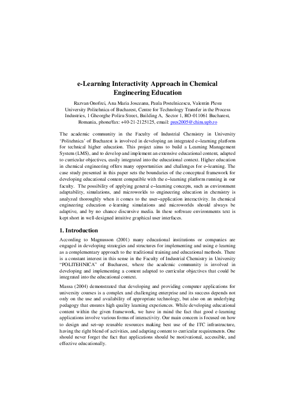 (PDF) e-Learning Interactivity Approach in Chemical Engineering Education
