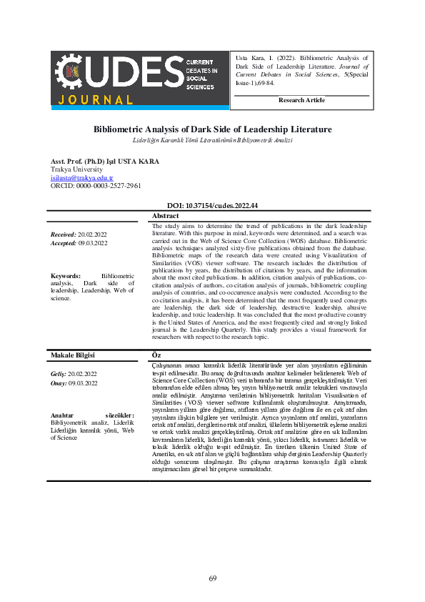 (PDF) Bibliometric Analysis of Dark Side of Leadership Literature