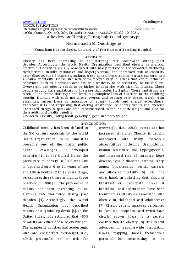 (PDF) A Review on Obesity, Eating habits and genotype Nkemsinachi M ...