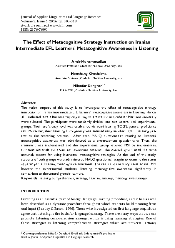 (PDF) The Effect of Metacognitive Strategy Instruction on Iranian ...