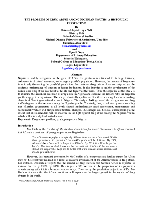 (DOC) THE PROBLEM OF DRUG ABUSE AMONG NIGERIAN YOUTHS: A HISTORICAL ...