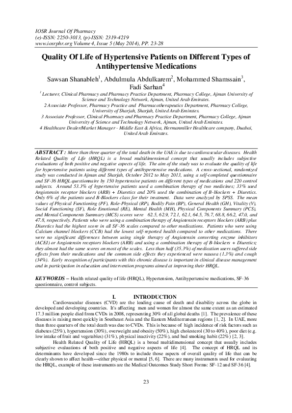 (PDF) Quality Of Life of Hypertensive Patients on Different Types of ...
