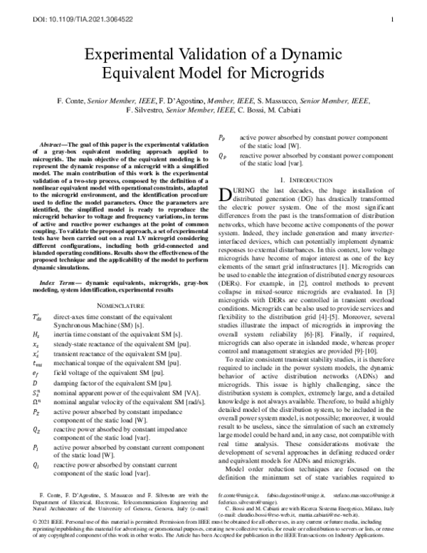 (PDF) Experimental Validation of a Dynamic Equivalent Model for Microgrids