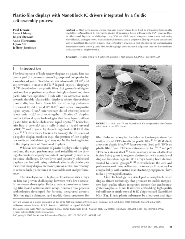Plastic-film displays with NanoBlock IC drivers integrated by a fluidic self-assembly process