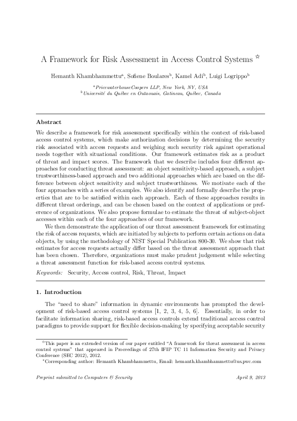 (PDF) A framework for risk assessment in access control systems