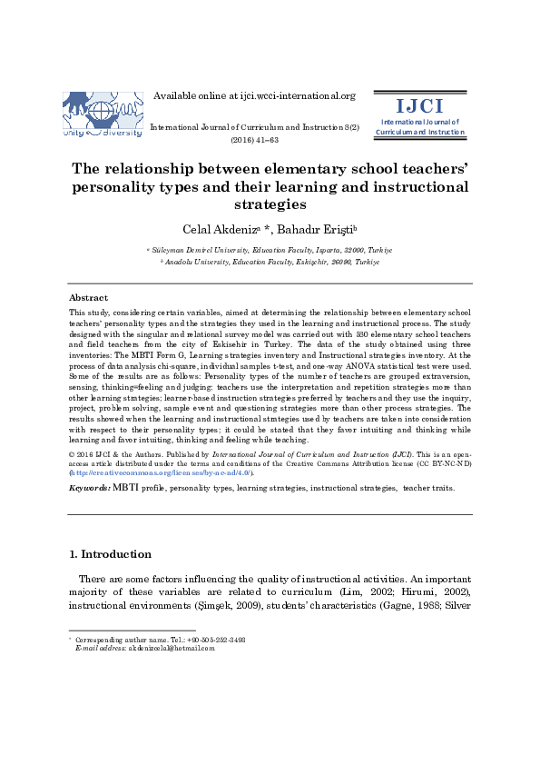 (PDF) The relationship between elementary school teachers' personality ...
