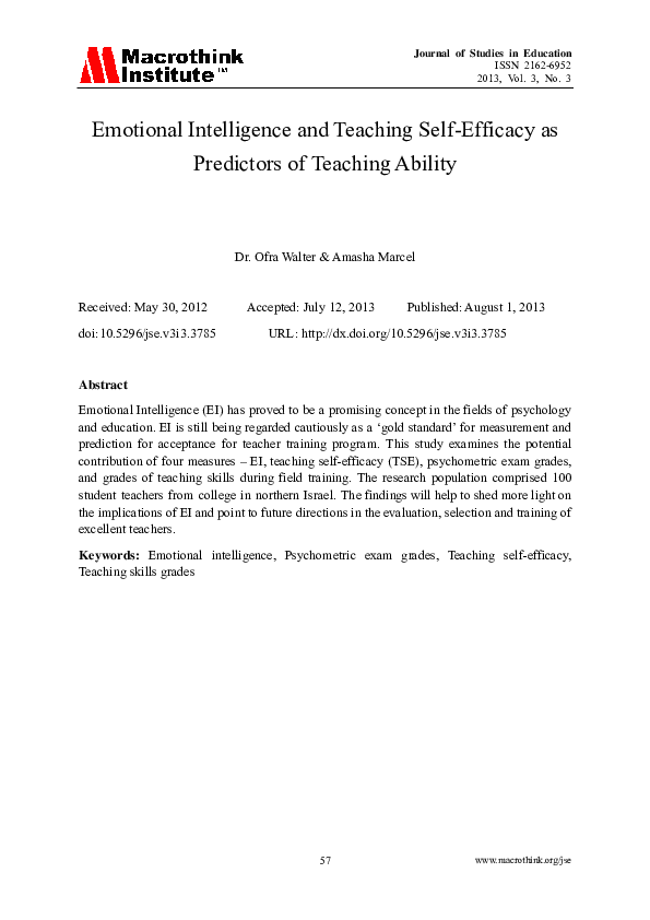 (PDF) Emotional Intelligence and Teaching Self-Efficacy as Predictors ...