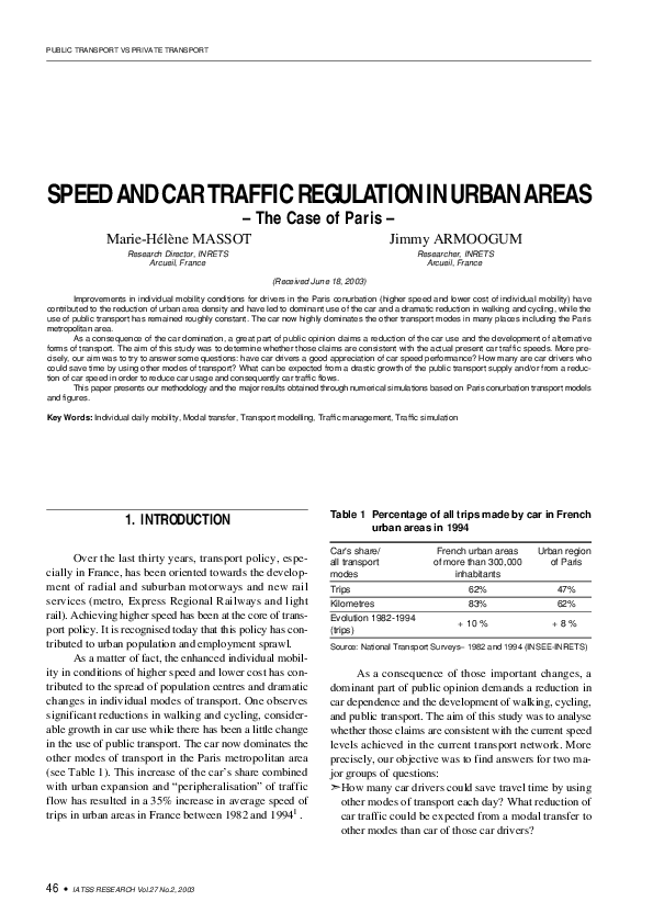 (PDF) Speed and Car Traffic Regulation in Urban Areas