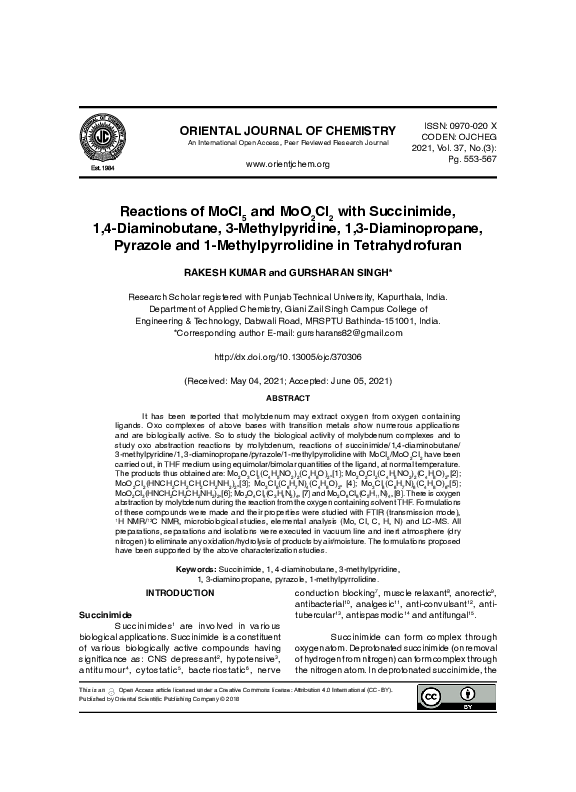 (PDF) Reactions of MoCl5 and MoO2Cl2 with Succinimide, 1, 4 ...