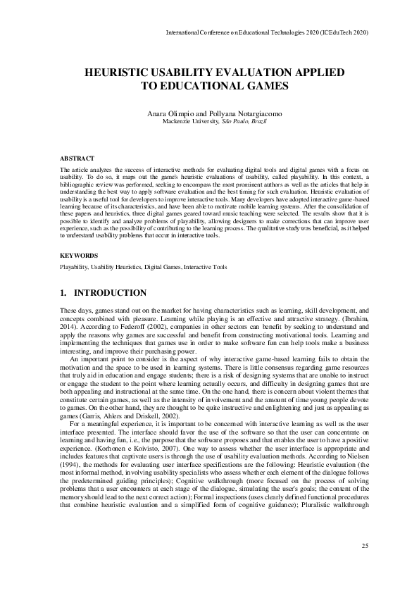 (PDF) Heuristic Usability Evaluation Applied to Educational Games