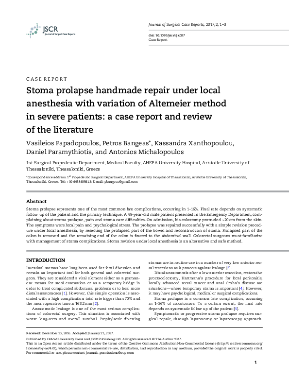 (PDF) Stoma prolapse handmade repair under local anesthesia with ...