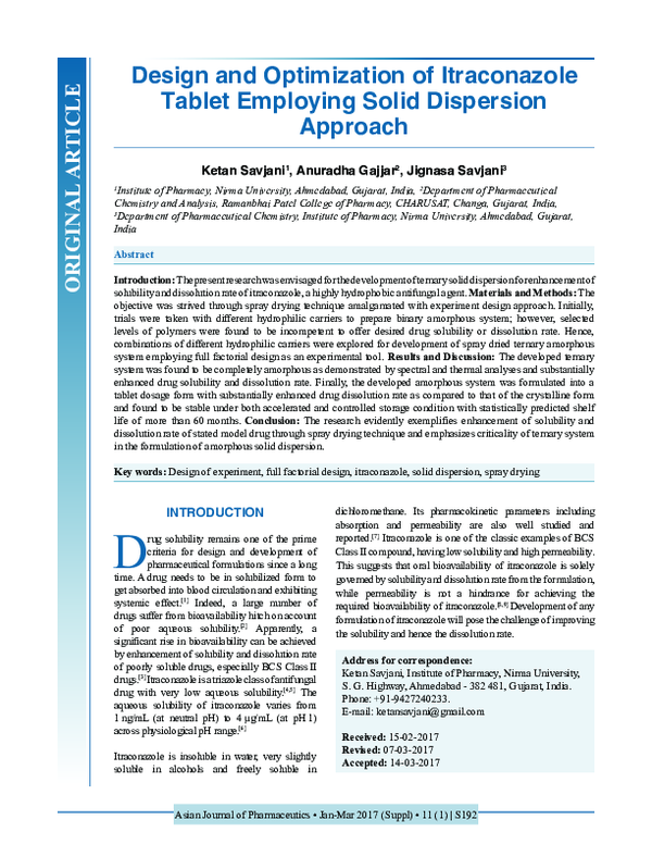 (PDF) Design and Optimization of Itraconazole Tablet Employing Solid ...