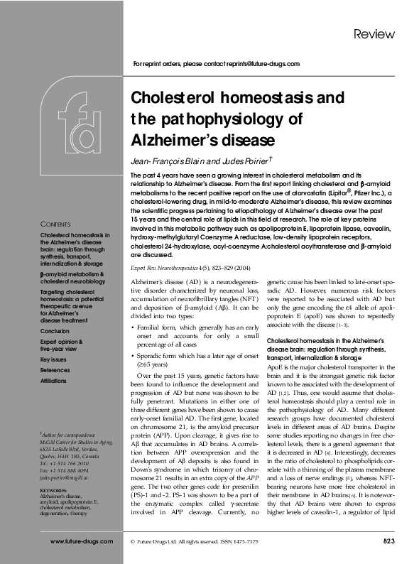(PDF) Cholesterol homeostasis and the pathophysiology of Alzheimer’s ...