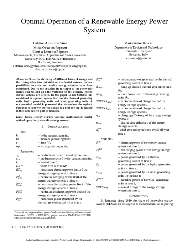 (PDF) Optimal Operation of a Renewable Energy Power System