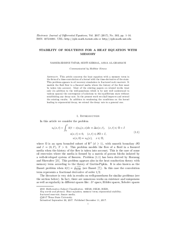 (PDF) Stability of solutions for a heat equation with memory